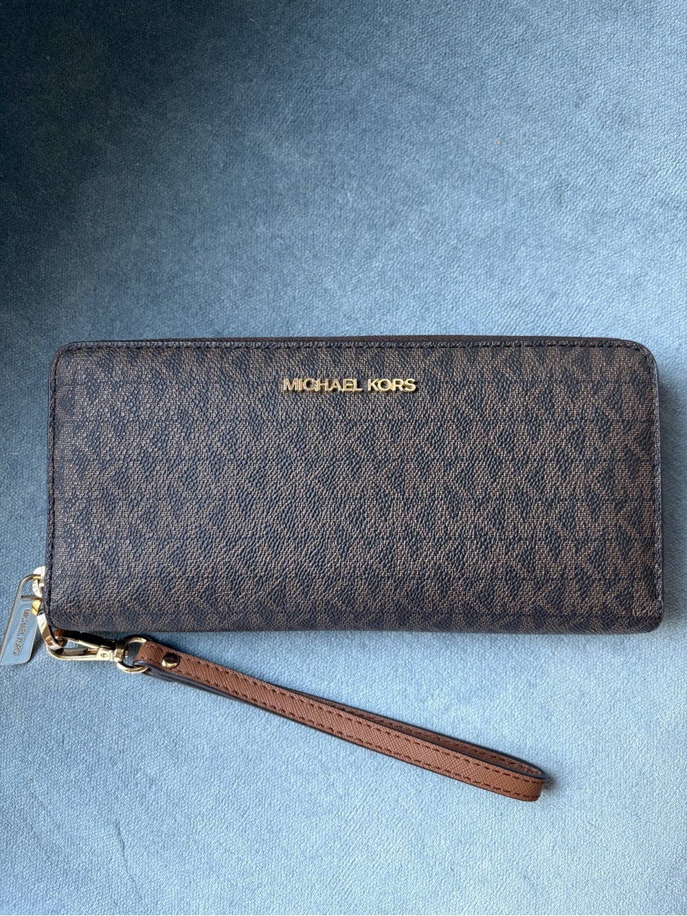 Michael Kors Brown Signature Zip-Around Wristlet Wallet with Gold Logo